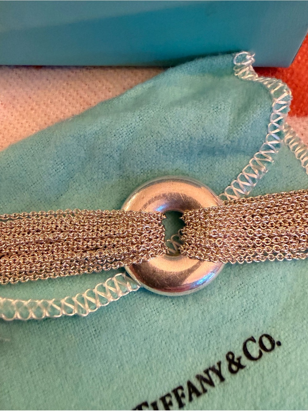 Tiffany & Co. Elsa Peretti Silver Mesh Circle Toggle Bracelet with Box & Pouch